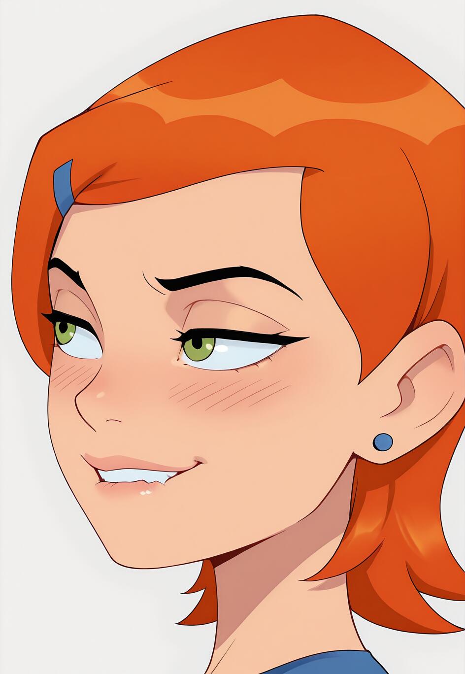 Una ilustración digital en primer plano de Gwen Tennyson, de la serie Ben 10. Tiene el pelo corto de color naranja, ojos verdes y un pendiente azul. Está mirando hacia un lado con una expresión traviesa y juguetona, y se muerde ligeramente el labio.