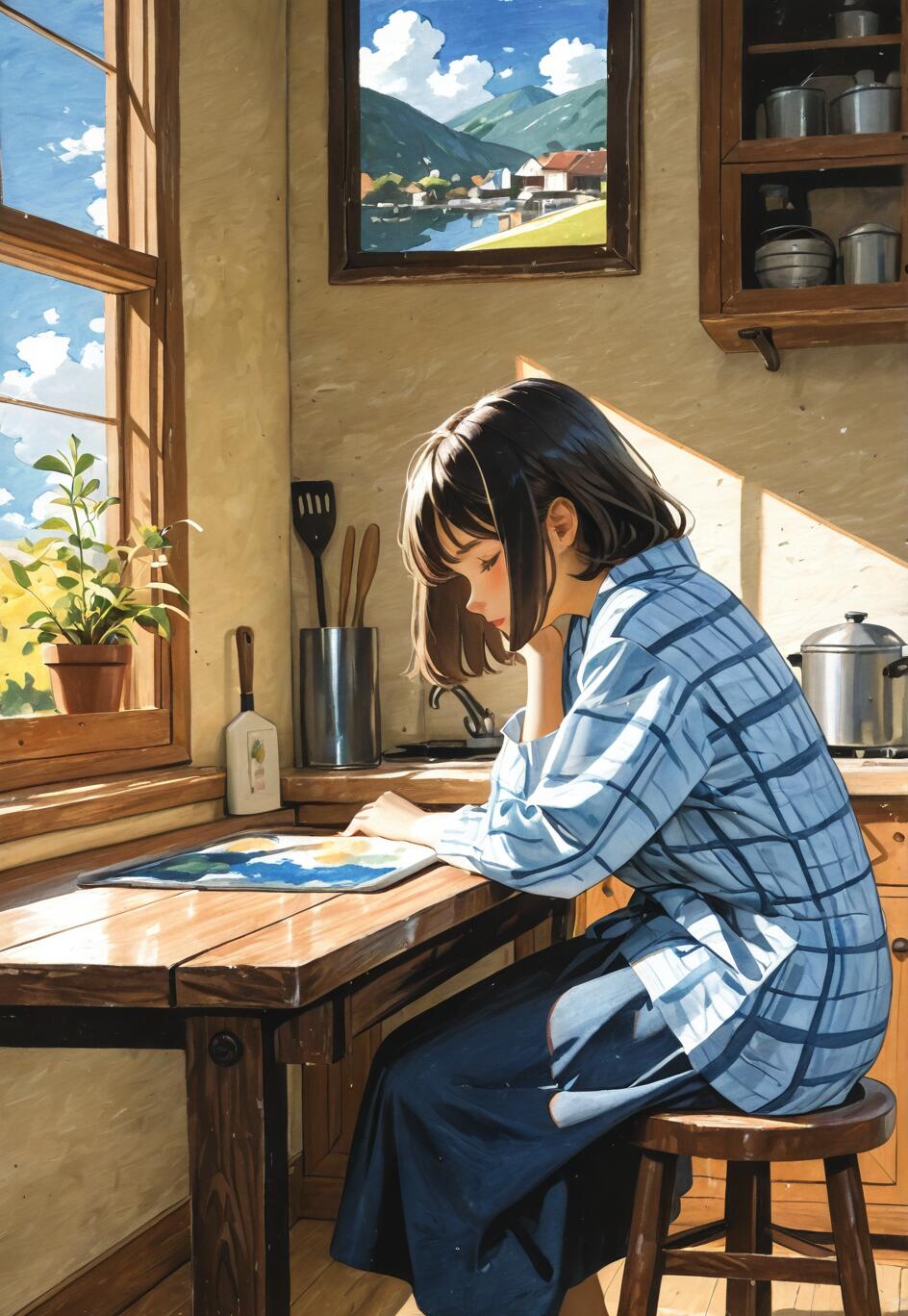 Una ilustración de estilo anime que representa a una joven con el pelo corto y oscuro, sentada a una mesa de madera en la cocina. Lleva una camisa azul a cuadros y mira hacia abajo, pensativa, mientras la luz del sol entra por una ventana que está a su lado.