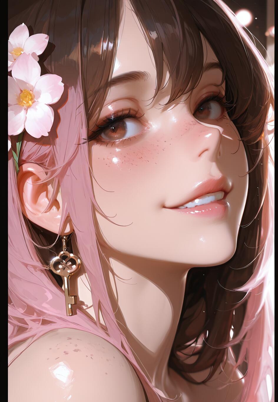 Un retrato digital en primer plano de Neopolitan, de la serie RWBY, que muestra a una joven con el cabello castaño y rosa. Tiene flores de cerezo en el pelo, ojos marrones, pecas, una sonrisa suave y lleva un pendiente con forma de llave dorada.