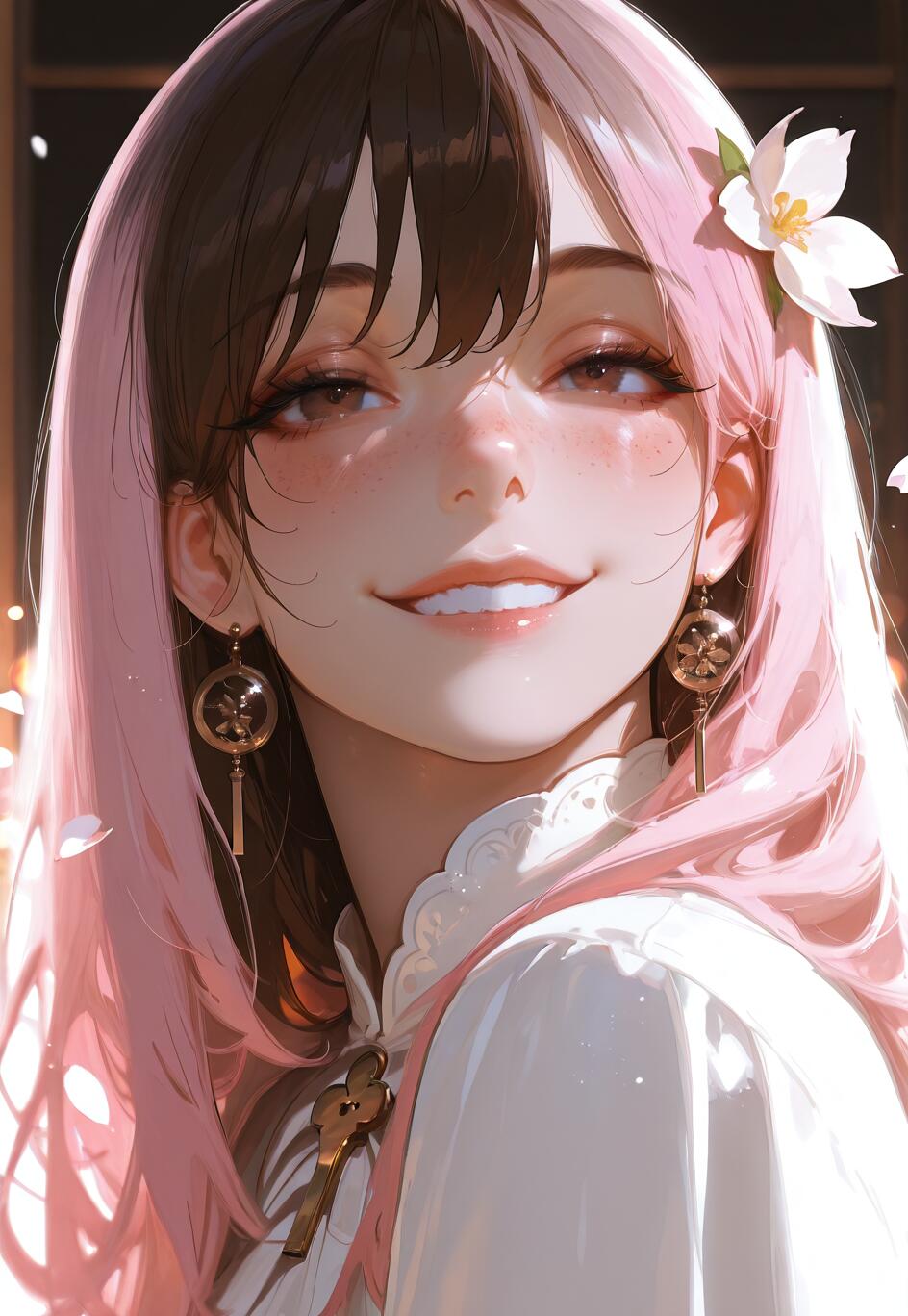 Ilustración digital de Neopolitan, un personaje de la serie RWBY, que representa a una joven con el cabello mitad rosa y mitad marrón, sonriendo suavemente mientras mira al espectador. Lleva una flor blanca en el pelo y viste un atuendo blanco y pendientes dorados.