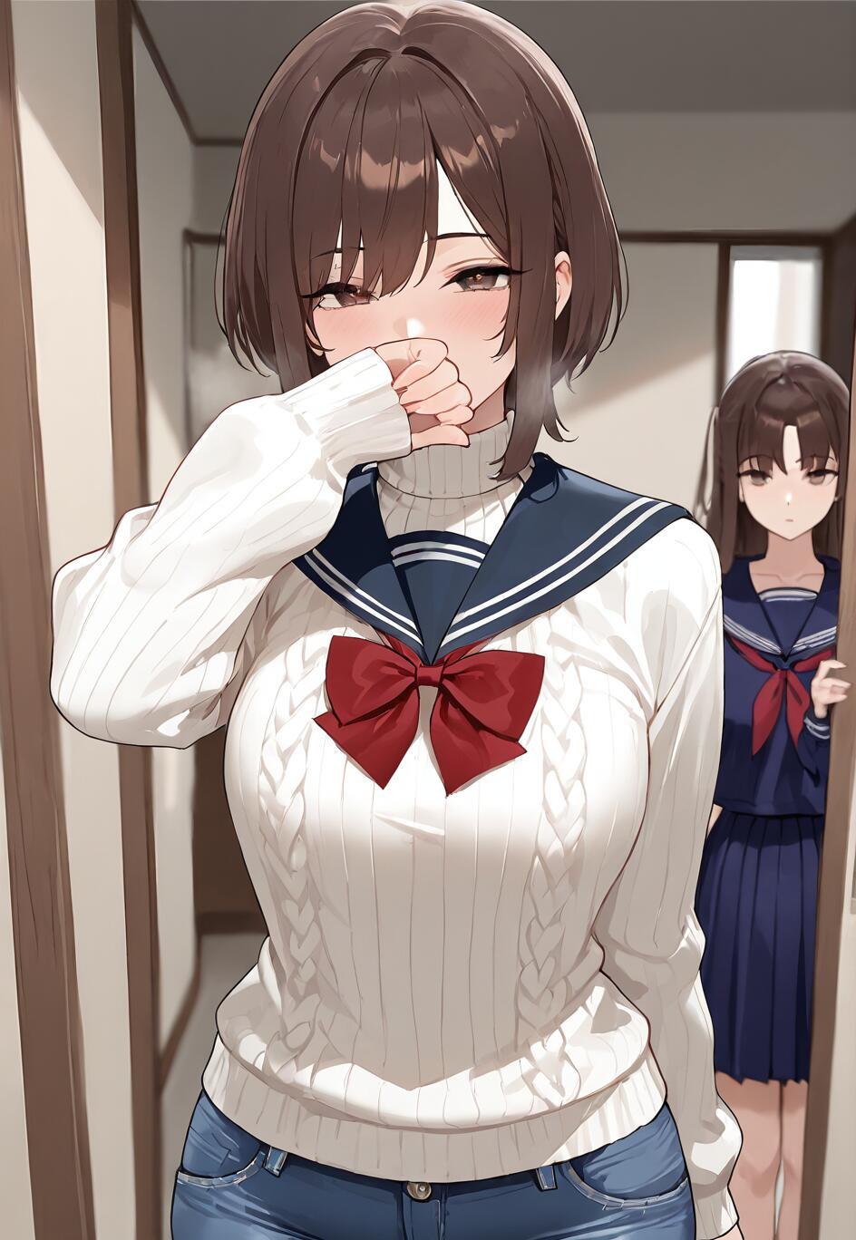 Una chica de estilo anime, con el pelo corto y castaño, lleva un jersey de punto blanco y vaqueros, y está de pie en un pasillo, tapándose la boca con timidez. En el fondo, otra chica, vestida con un uniforme escolar azul, asoma la cabeza por detrás de una puerta.