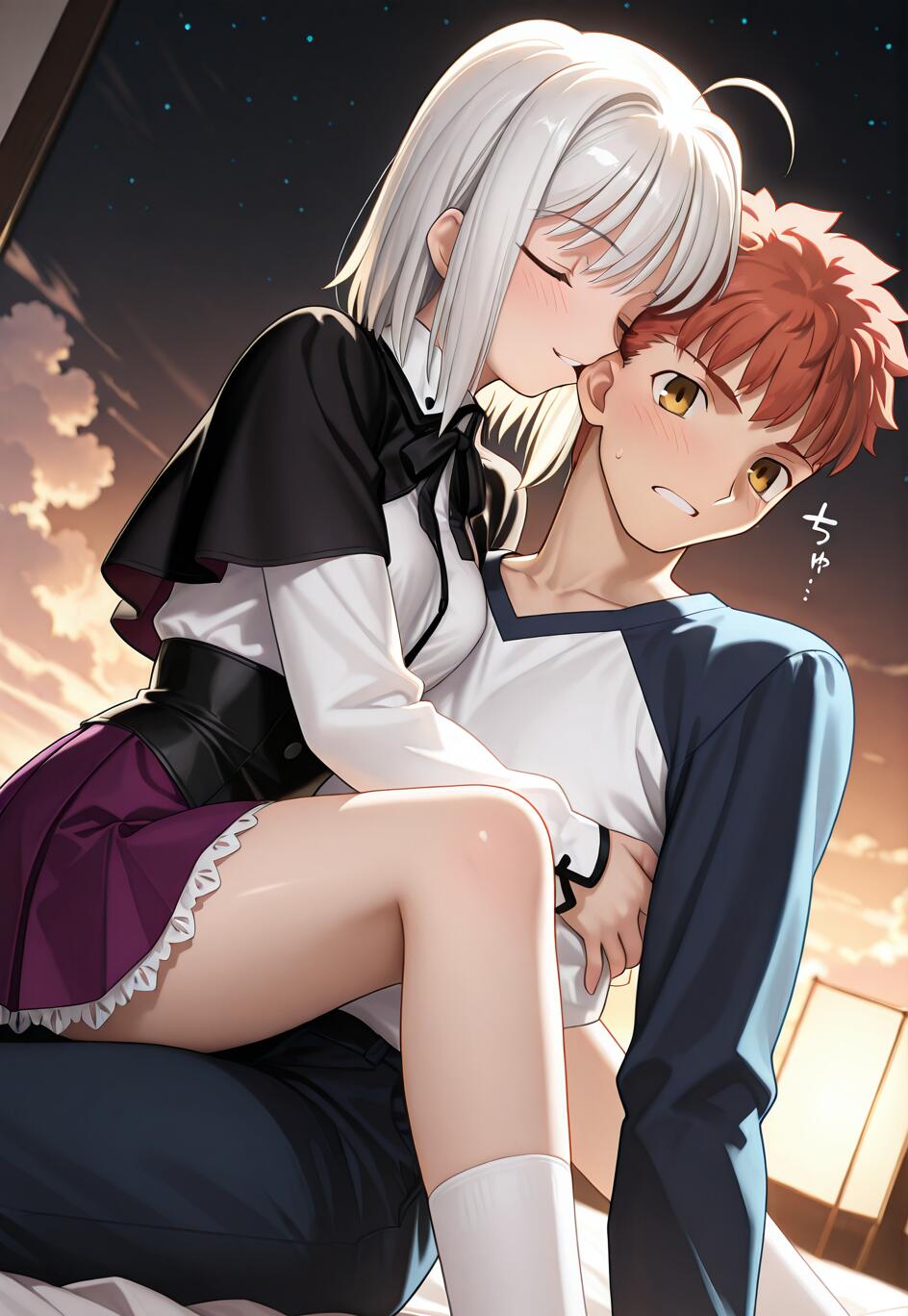 Una chica de anime, de cabello blanco y con los ojos cerrados, está sentada en el regazo de un desconcertado Emiya Shirou, de Fate/stay night, y le besa la mejilla en una habitación tenuemente iluminada durante la noche.
