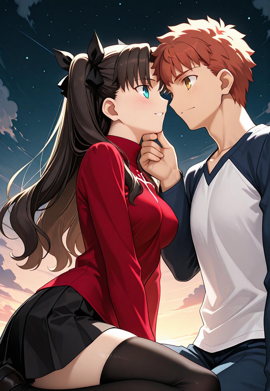Una ilustración de estilo anime que muestra a Rin Tohsaka y Shirou Emiya, personajes de Fate/stay night, compartiendo un momento romántico. Shirou sostiene la barbilla de Rin mientras ambos se miran a los ojos bajo un cielo estrellado.