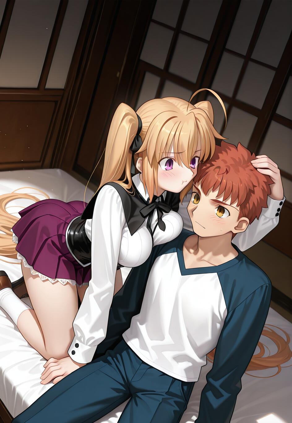 Una ilustración de anime que representa un cruce entre las series Fate/stay night y High School DxD. Irina Shidou, una chica rubia con dos coletas, está arrodillada en una cama e inclinada sobre Shirou Emiya, un chico de pelo rojo, mientras le acaricia la cabeza. Él está tumbado y la mira con una expresión sonrojada.