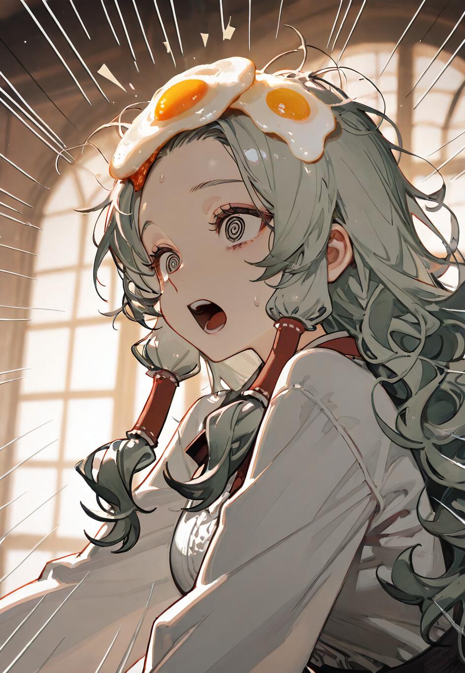 Una chica de estilo anime, con el pelo ondulado de color verde claro y los ojos en forma de espiral, que parece estar muy sorprendida, con la boca abierta, mientras dos huevos fritos descansan sobre su cabeza.