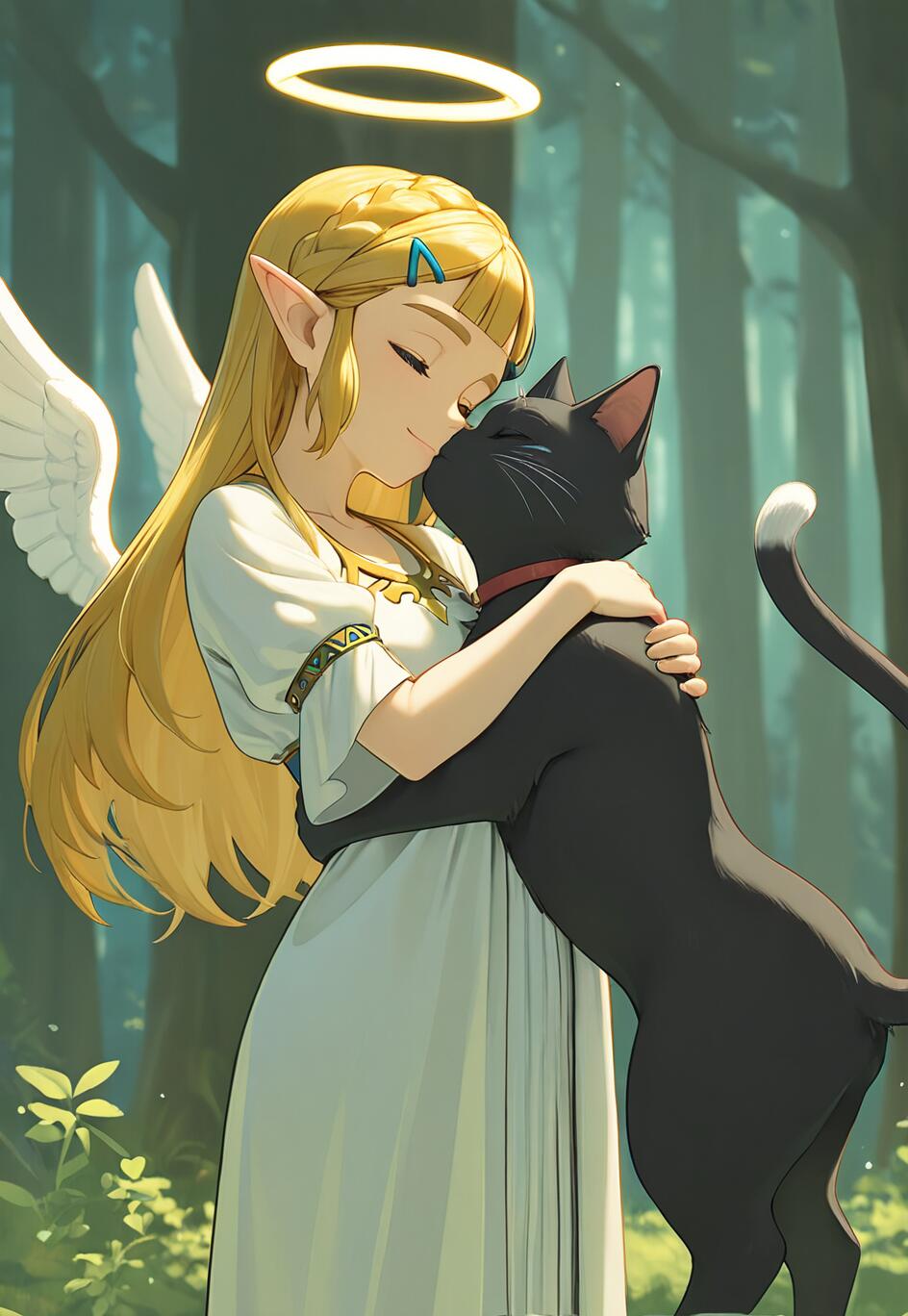 Una ilustración al estilo anime de la princesa Zelda, con alas de ángel y un halo, abrazando con ternura a un gato negro en un entorno boscoso.