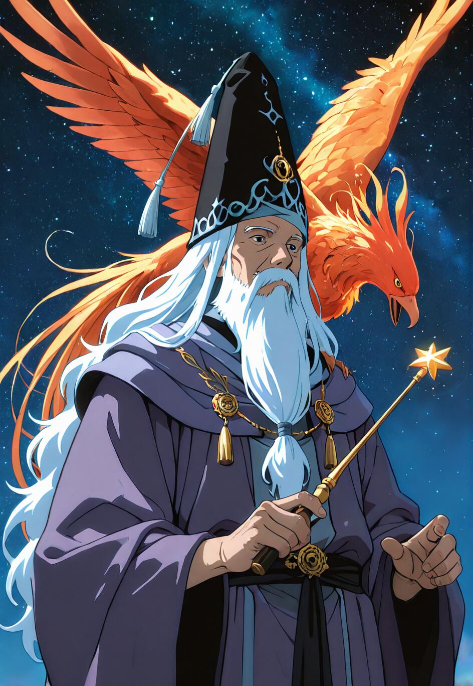 Un retrato al estilo anime de Albus Dumbledore, un mago con una larga barba blanca y una túnica morada, que sostiene una varita con una estrella en la punta, y detrás de él se puede ver un gran fénix naranja sobre un cielo nocturno estrellado.