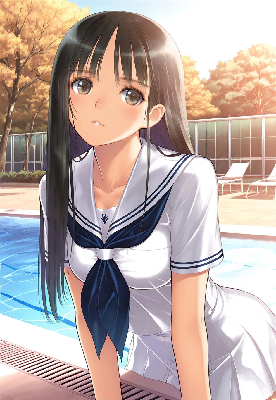Una ilustración de estilo anime que representa a una joven con el pelo largo y negro y los ojos marrones, vestida con el uniforme escolar japonés, inclinada hacia delante junto a una piscina de color azul brillante.