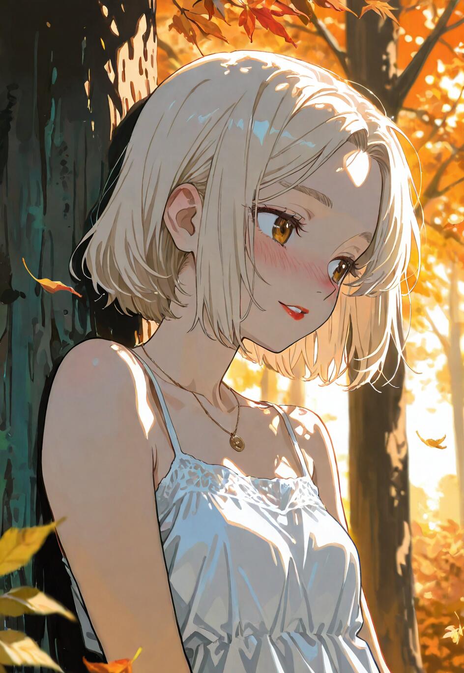 Una hermosa chica de estilo anime, con el pelo corto de color rubio platino y un vestido blanco, se apoya en un árbol en un bosque otoñal durante la hora dorada, sonriendo suavemente mientras mira hacia un lado.