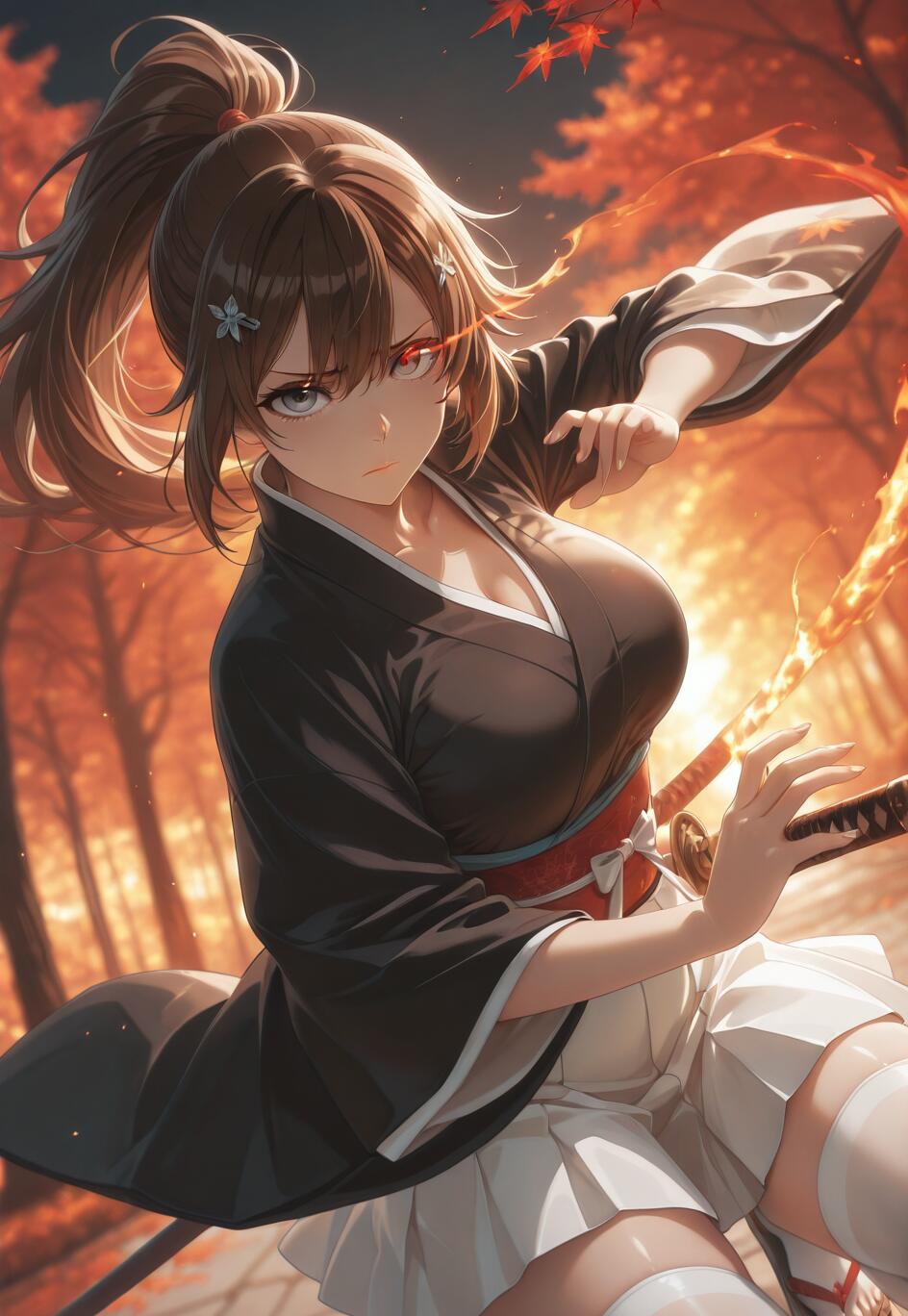 Una chica de anime, con el pelo largo y castaño recogido en una coleta y una expresión seria, lleva un kimono negro y una falda blanca, y sostiene una katana enfundada en una postura de combate en medio de un bosque otoñal resplandeciente.