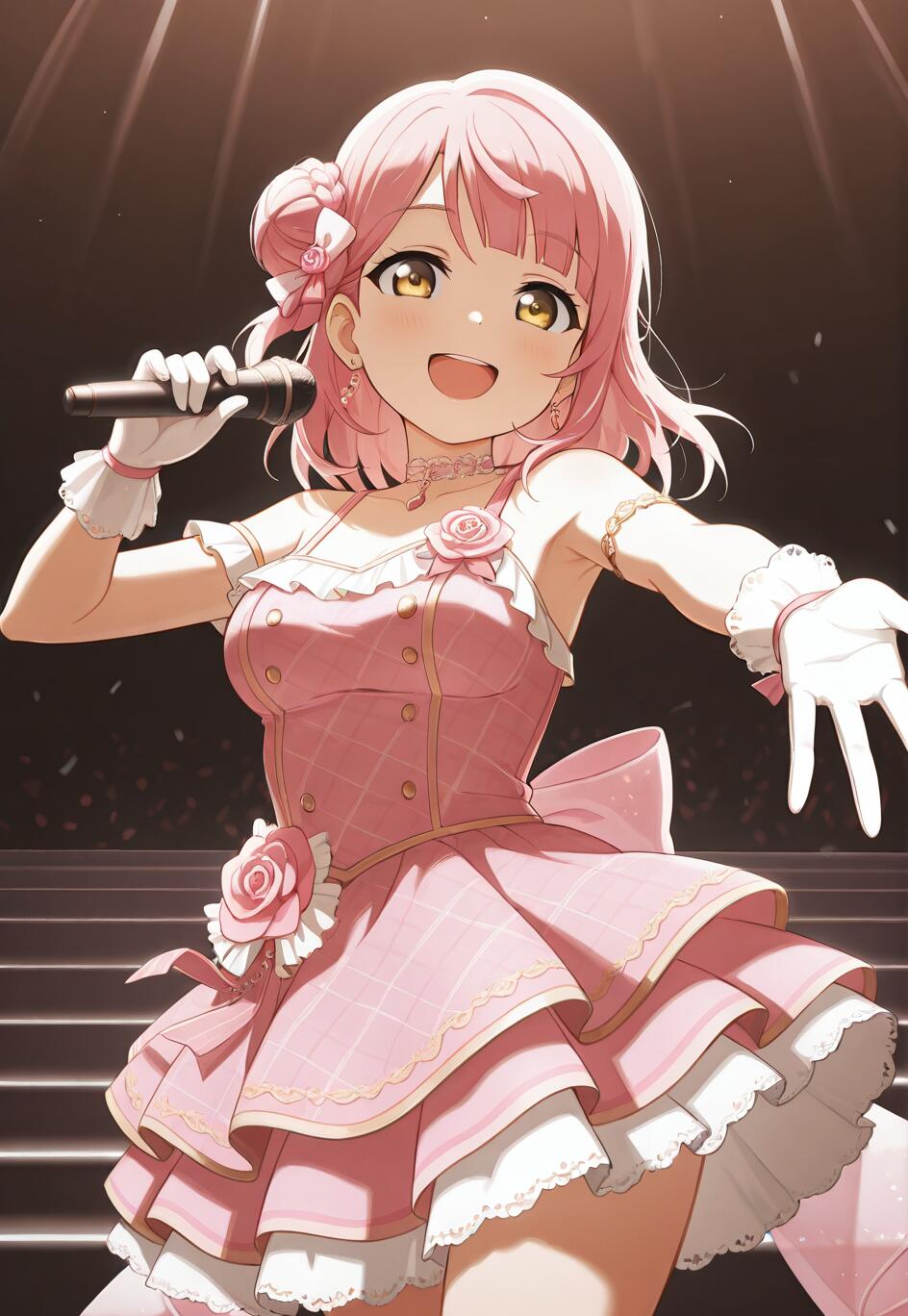 Ayumu Uehara, de Love Live! Nijigasaki High School Idol Club, sonríe radiantemente mientras canta al micrófono en el escenario, vestida con un elaborado traje de idol rosa y blanco adornado con motivos de rosas.