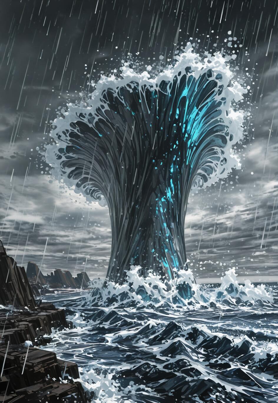 Una impactante pintura de fantasía que representa un mar tormentoso, donde se eleva una enorme columna de agua con forma de árbol, que emite una intensa luz azul desde su interior. La lluvia cae de un cielo oscuro y nublado sobre el océano agitado y una costa rocosa.