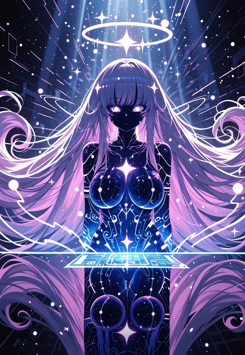Una mujer celestial de estilo anime, con el pelo largo de color lila, la piel con motivos galácticos y un halo estrellado, interactúa con un teclado holográfico flotante en un espacio cósmico y digital.