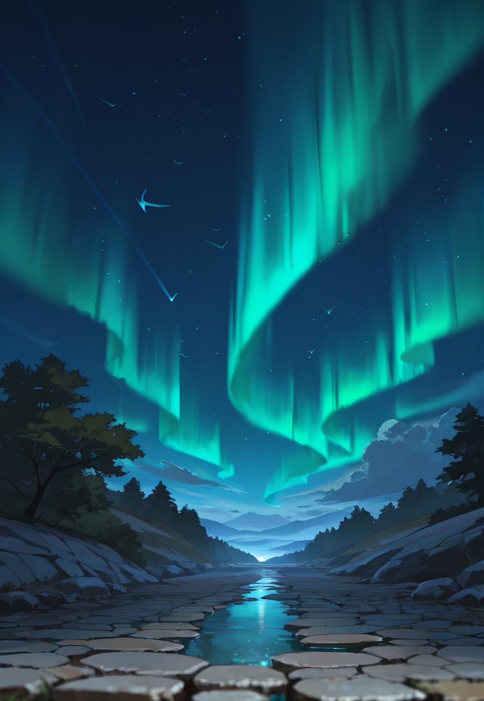 Una encantadora ilustración digital que muestra un sendero empedrado que atraviesa un valle durante la noche, con una majestuosa aurora boreal de color verde que ilumina el cielo y se refleja en un arroyo que discurre a lo largo del sendero.