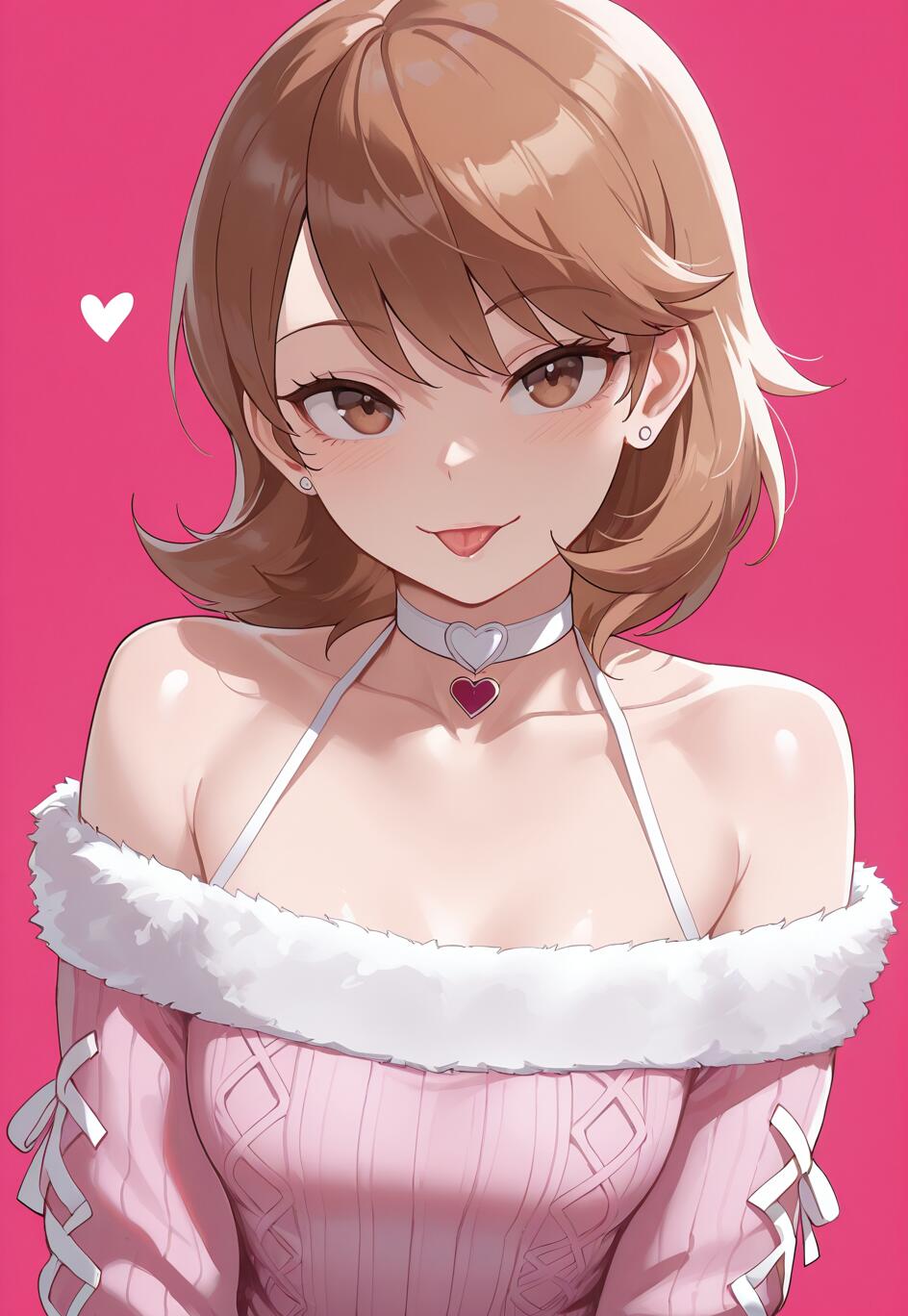 Ilustración digital de Yukari Takeba, de Persona 3, con el pelo corto y castaño y una sonrisa alegre. Lleva un jersey rosa de tirantes y escote al hombro con detalles de piel, un top blanco con lazo al cuello y un collar con forma de corazón, todo sobre un fondo rosa liso.