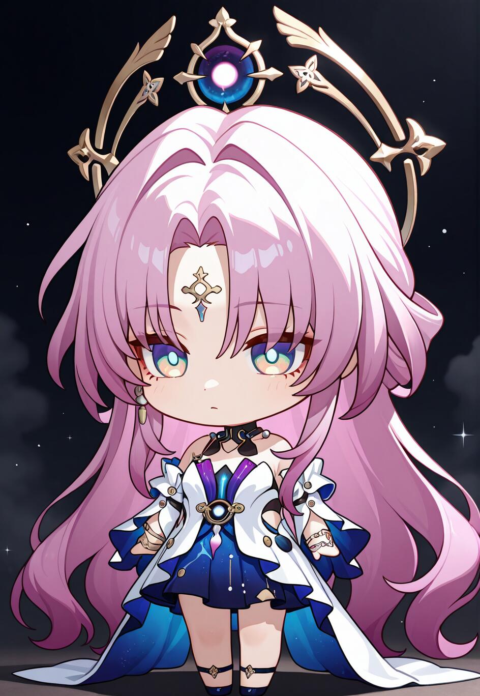 Un adorable dibujo en estilo chibi de Fu Xuan, de Honkai: Star Rail. Tiene el pelo largo y rosa, una diadema dorada y un detallado vestido blanco y azul, y aparece de pie sobre un fondo oscuro con estrellas.