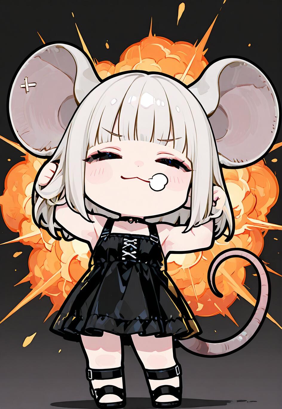 Una chica anime de estilo chibi, con grandes orejas de ratón y cabello plateado, identificada como Nazrin, del universo Touhou Project. Lleva un vestido negro y posa con confianza frente a una explosión ardiente.