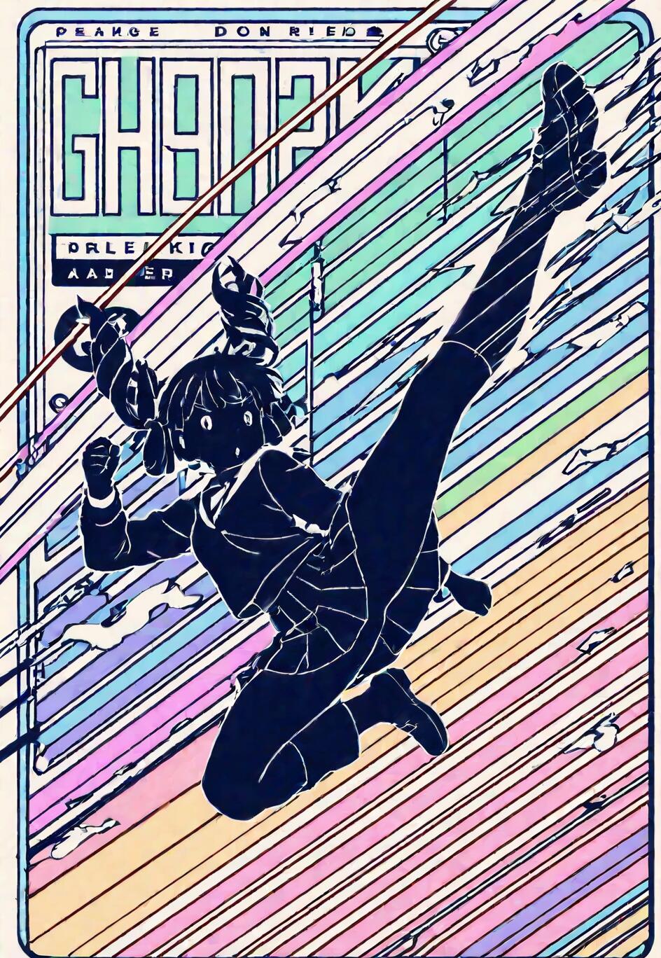 Una ilustración digital de estilo anime que muestra la silueta de una colegiala con dos coletas, realizando una patada espectacular en el aire. Está delineada en blanco sobre un fondo de coloridas franjas diagonales en tonos pastel, lo que sugiere velocidad y movimiento.