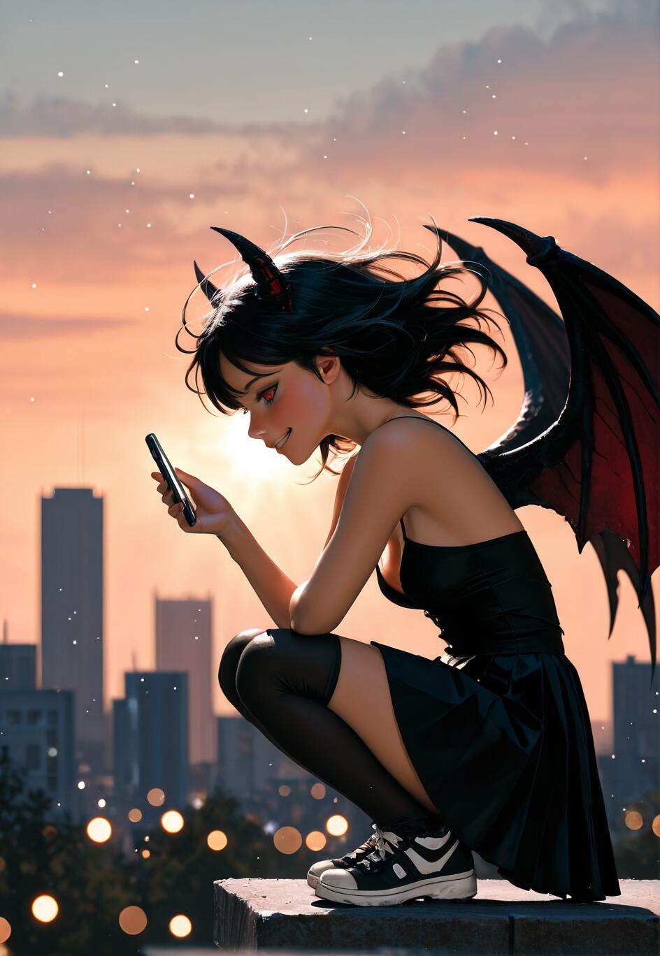 Una ilustración de estilo anime que representa a una joven con cabello negro, cuernos de demonio y grandes alas negras, sentada en cuclillas sobre un tejado, sonriendo mientras mira su teléfono. Se puede ver el perfil de la ciudad al fondo, durante un colorido atardecer.