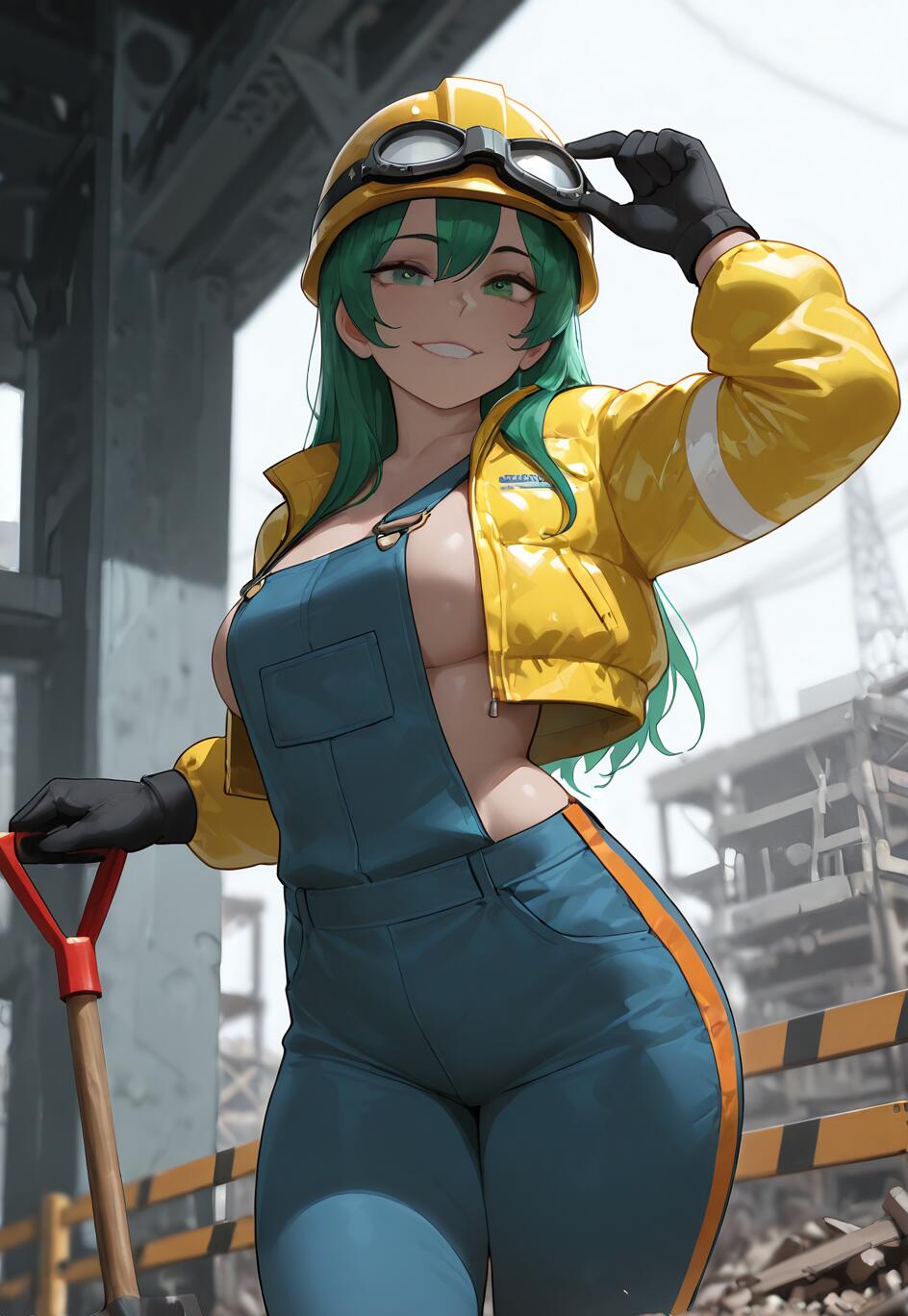 Una chica de anime con el pelo largo y verde y una sonrisa decidida, vestida como una trabajadora de la construcción: lleva un casco amarillo, una chaqueta amarilla y un mono azul, y sostiene una pala en un lugar de construcción.
