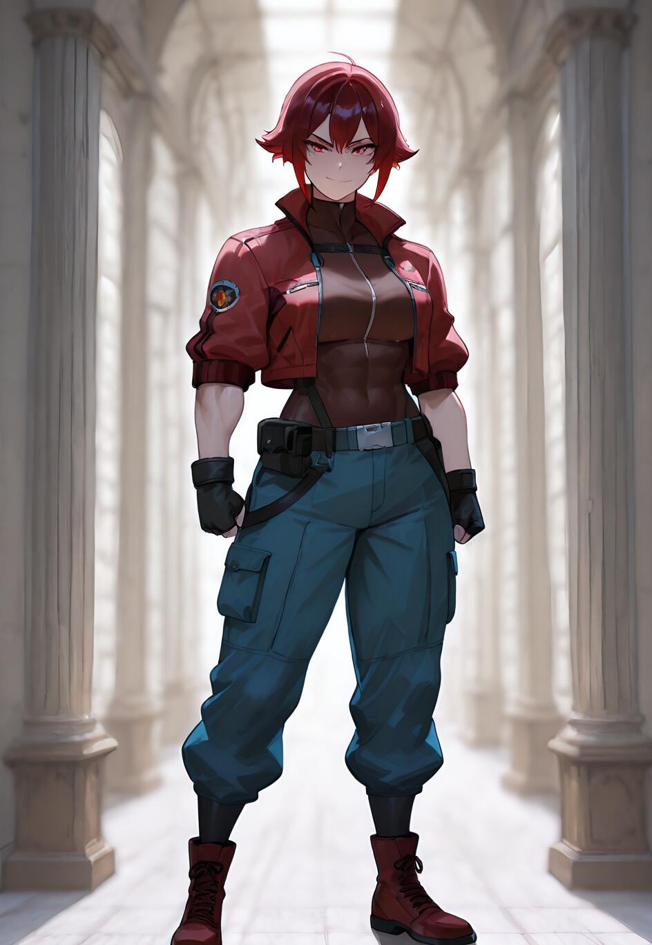 Una ilustración de cuerpo entero que representa a una mujer musculosa de estilo anime, con el pelo corto y rojo y los ojos rojos. Lleva una chaqueta roja, pantalones cargo azules y botas de combate, y está de pie en un largo pasillo flanqueado por pilares.