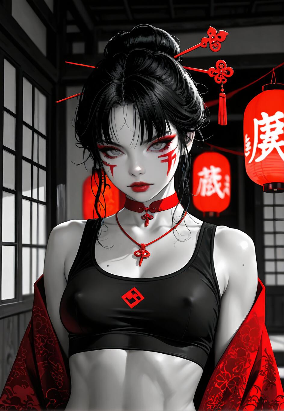 Una ilustración digital de una mujer con el pelo negro recogido en un moño, maquillaje rojo en la cara y ojos grises. Lleva un top negro y una túnica roja en una habitación de estilo japonés con faroles rojos que brillan.