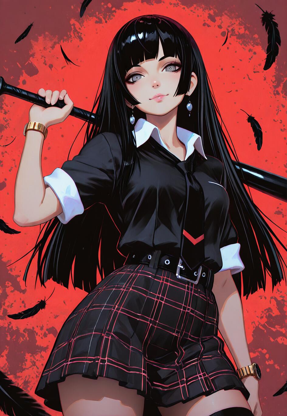 Una chica de anime con un estilo moderno, de cabello largo y negro y ojos grises, que lleva un bate de béisbol al hombro. Viste una camiseta negra, una falda a cuadros roja y negra, y sonríe sobre un fondo rojo con plumas negras flotando.