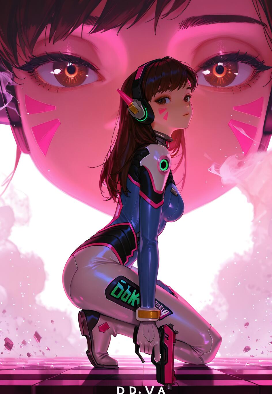 Una ilustración de cuerpo entero de D.Va, de Overwatch, en la que aparece agachada sobre un suelo a cuadros de color rosa y negro. Lleva puesto su traje de piloto, sostiene una pistola rosa y mira por encima del hombro. En el fondo, se puede ver un primer plano de su rostro, grande y con un ligero tono rosado.