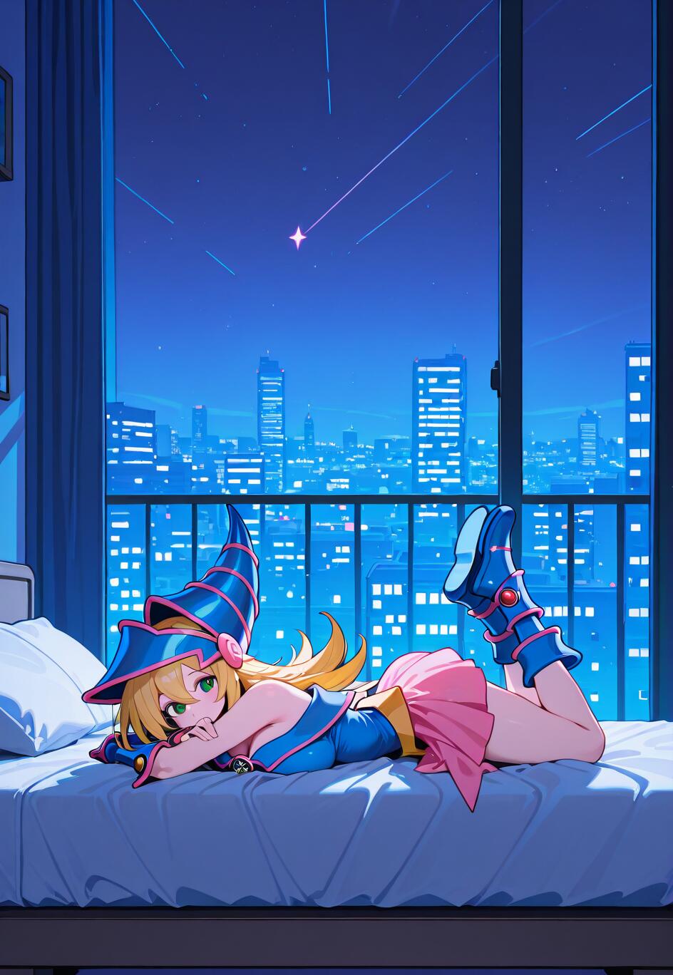 La Maga Oscura, personaje de Yu-Gi-Oh!, con su característico atuendo azul y rosa, está tendida boca abajo en una cama de un apartamento en un edificio alto. A través de la ventana se puede ver el perfil de la ciudad iluminada por la noche y una estrella fugaz.