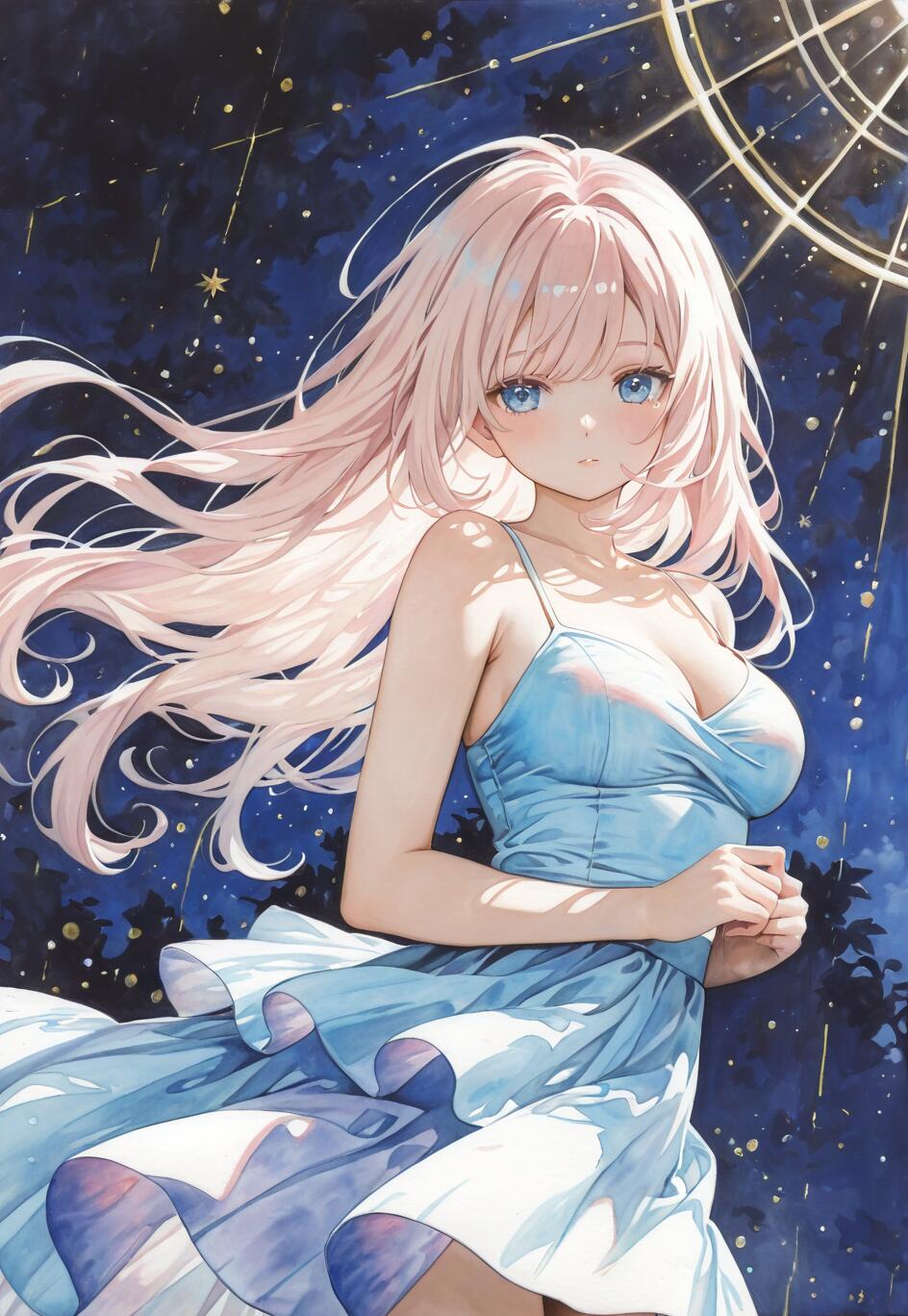 Una ilustración al estilo anime de Elysia, de Honkai Impact 3rd: una hermosa joven con el pelo largo y rosa y los ojos azules, que lleva un vestido largo de color azul claro sobre un fondo de cielo nocturno mágico y estrellado.