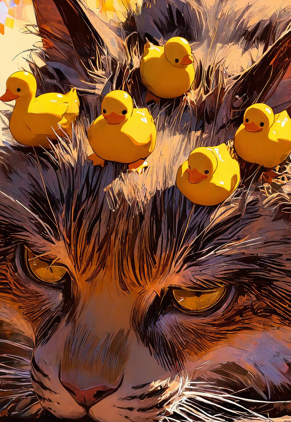 Una ilustración detallada y de estilo pictórico que muestra el rostro de un gato atigrado de aspecto hosco, en un primer plano extremo. Seis pequeños patitos de goma de color amarillo brillante están colocados sobre su cabeza, como si fueran una corona.