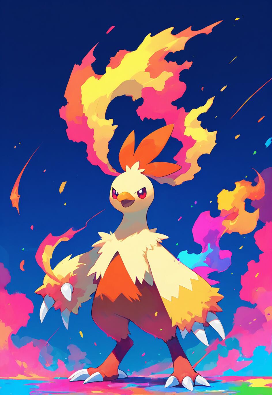 Una ilustración digital del Pokémon Combusken, representado en una pose que denota confianza. Llamas brotan de la cresta que tiene en la cabeza, sobre un fondo vibrante con salpicaduras de colores azul, rosa y amarillo.