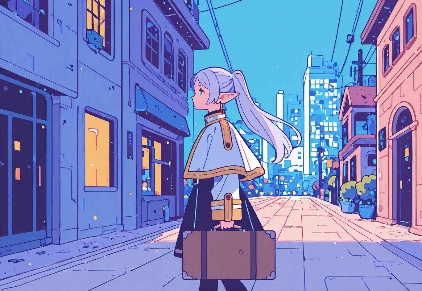 Una ilustración al estilo anime de Frieren, una joven elfa de cabello blanco y largo, recogido en una coleta, que camina por una calle de una ciudad moderna. Se la ve de perfil, con una capa blanca y llevando una maleta marrón. Los edificios de la ciudad están representados en tonos de azul y púrpura.