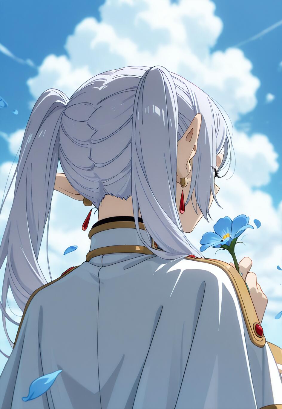 Una ilustración de estilo anime de la elfa Frieren, vista desde atrás, con su largo cabello blanco recogido en dos coletas. Sostiene una sola flor azul y la observa bajo un cielo azul despejado con nubes blancas.