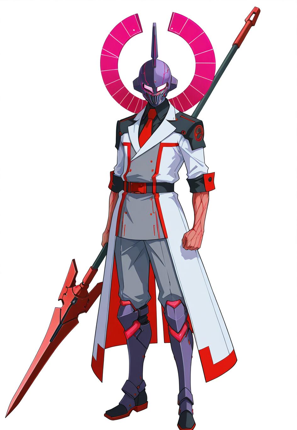 Una ilustración digital de cuerpo entero de un personaje de anime masculino, vestido con un abrigo blanco y un traje gris, que lleva un casco morado de estilo caballero con un halo rosa y sostiene una gran lanza mecánica roja.