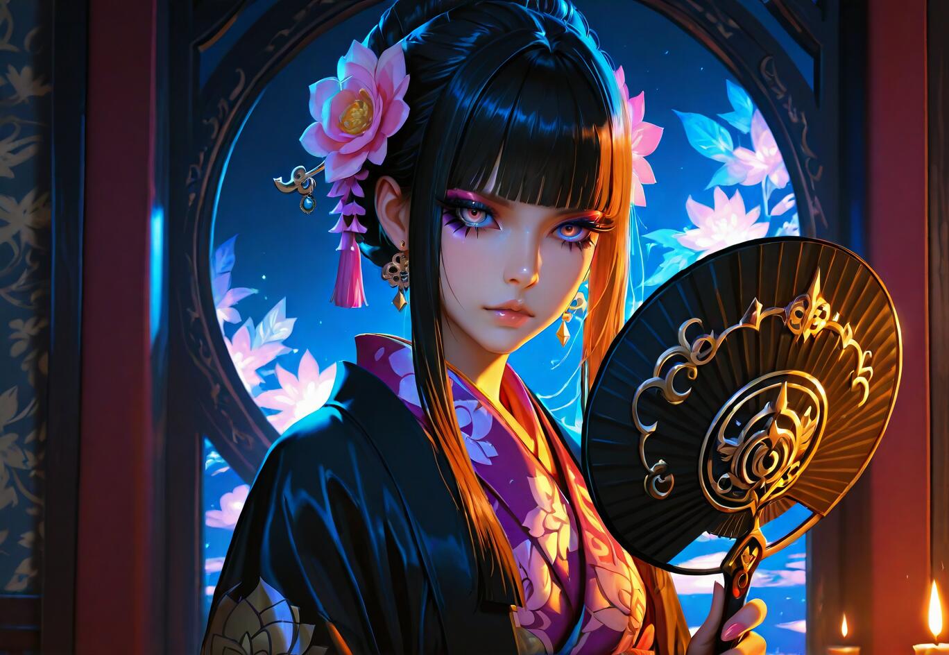 Un retrato digital de una mujer con un estilo de anime, vestida con un kimono y con un peinado «hime», sosteniendo un abanico negro en una habitación iluminada por velas, frente a una ventana circular azul brillante.