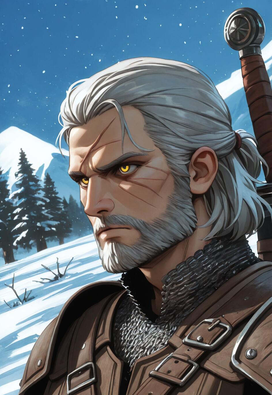 Una ilustración de Geralt de Rivia, personaje de la saga The Witcher, con el pelo blanco, barba y ojos amarillos, mirando hacia un lado. Se encuentra en un entorno nevado y montañoso, vestido con armadura de cuero y cota de malla, y lleva una espada a la espalda.