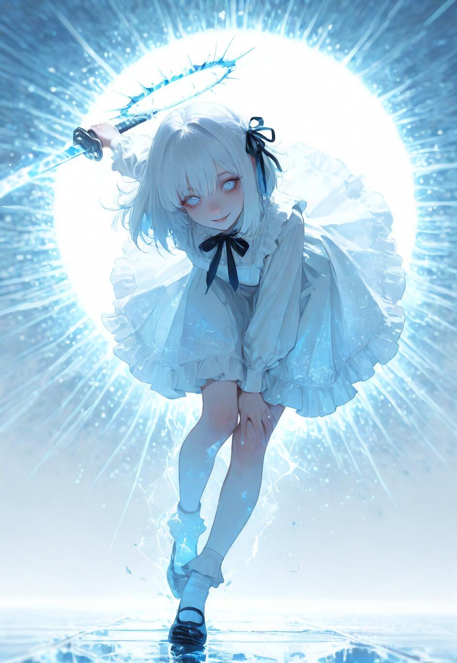 Una ilustración de cuerpo entero de una joven chica de anime, con cabello blanco y un vestido blanco con volantes. Sostiene una katana de hielo azul brillante y sonríe al espectador, mientras está de pie sobre una superficie de hielo agrietada, frente a una luz circular brillante.