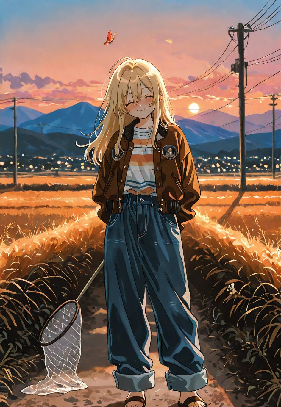 Una ilustración de estilo anime que representa a una niña rubia sonriente, vestida con una chaqueta marrón y unos vaqueros holgados, de pie en un sendero que atraviesa un campo de arroz dorado al atardecer, y que sostiene una red para mariposas.