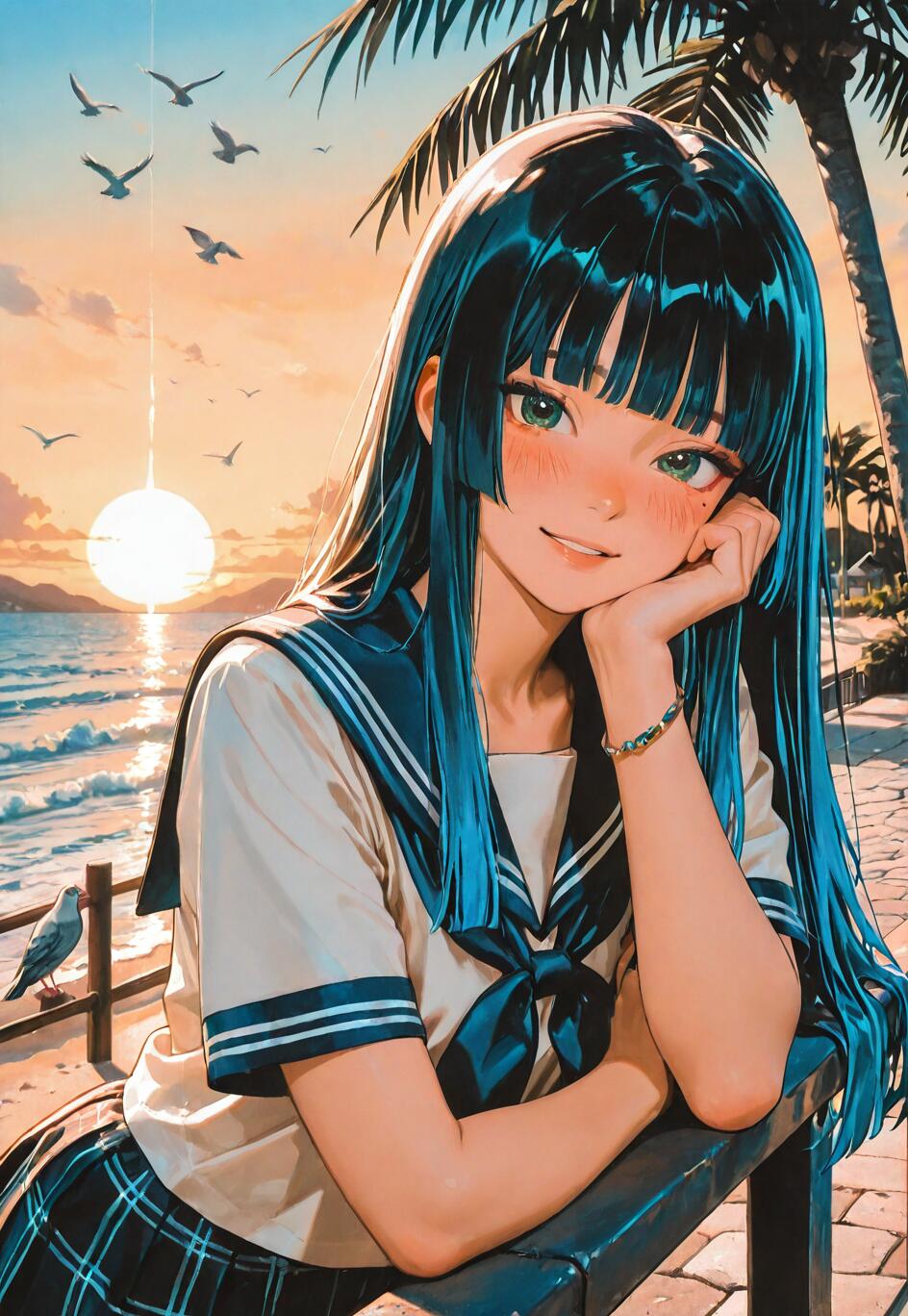 Una chica de estilo anime, con el pelo largo y azul y los ojos verdes, lleva puesto un uniforme escolar de marinera y está apoyada en una barandilla, sonriendo. El fondo muestra un hermoso paisaje de playa con un sol poniente, palmeras y pájaros volando en el cielo.