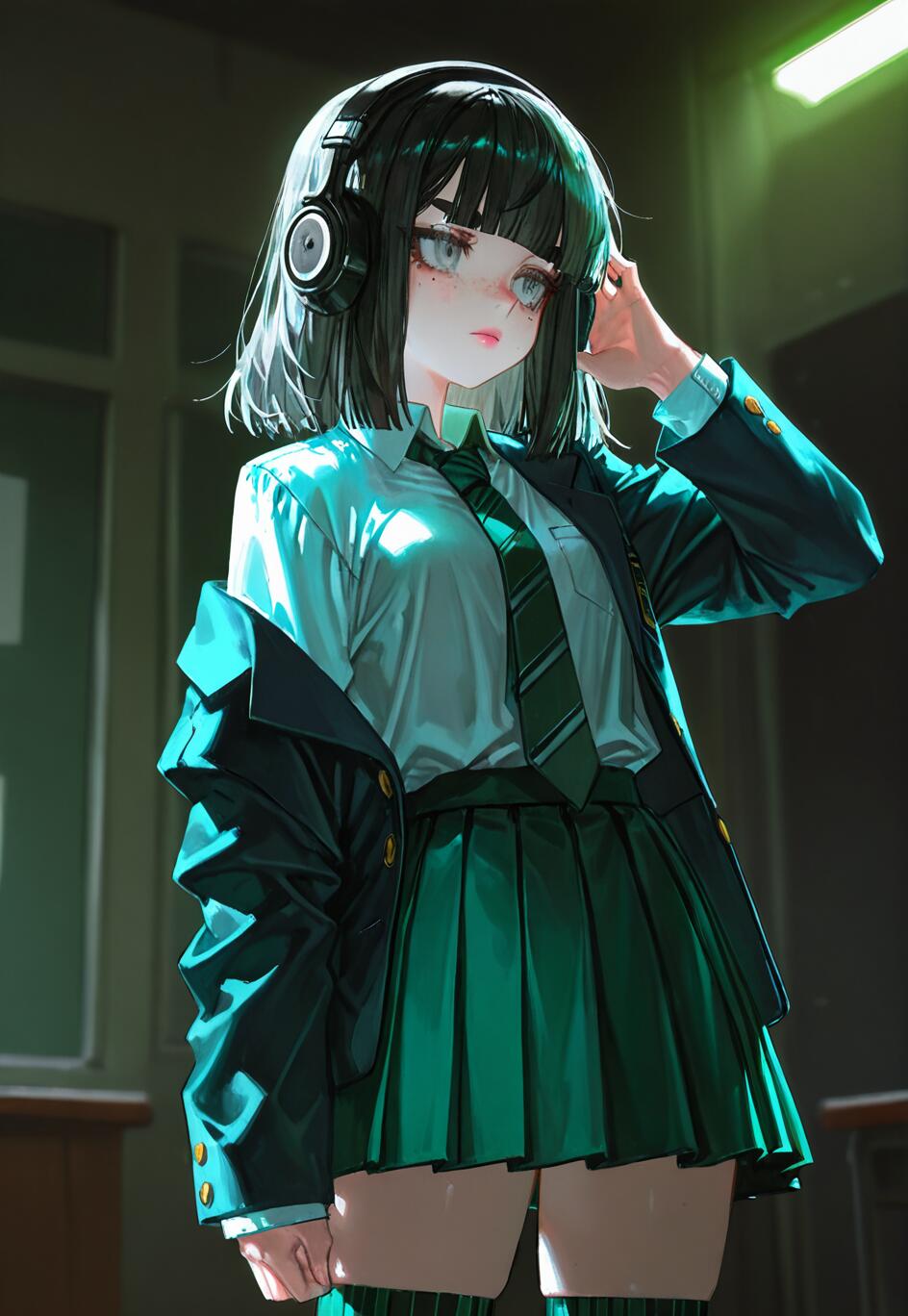 Una chica de anime con el pelo corto y negro y los ojos grises, vestida con un uniforme escolar verde y auriculares negros. Está de pie en una habitación con poca luz, bajo una luz verde, sosteniendo un lado de sus auriculares y mirando hacia otro lado con una expresión pensativa.