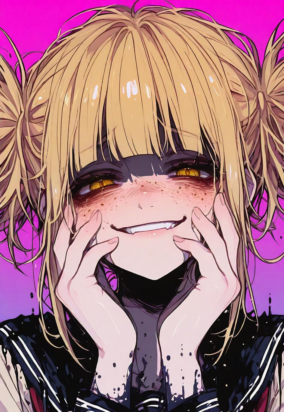 Un retrato al estilo anime de Himiko Toga, de la serie My Hero Academia. Tiene el pelo rubio recogido en dos moños despeinados, ojos dorados y una amplia sonrisa que muestra sus dientes. Sus manos están apoyadas en sus mejillas y su expresión es inquietantemente alegre.