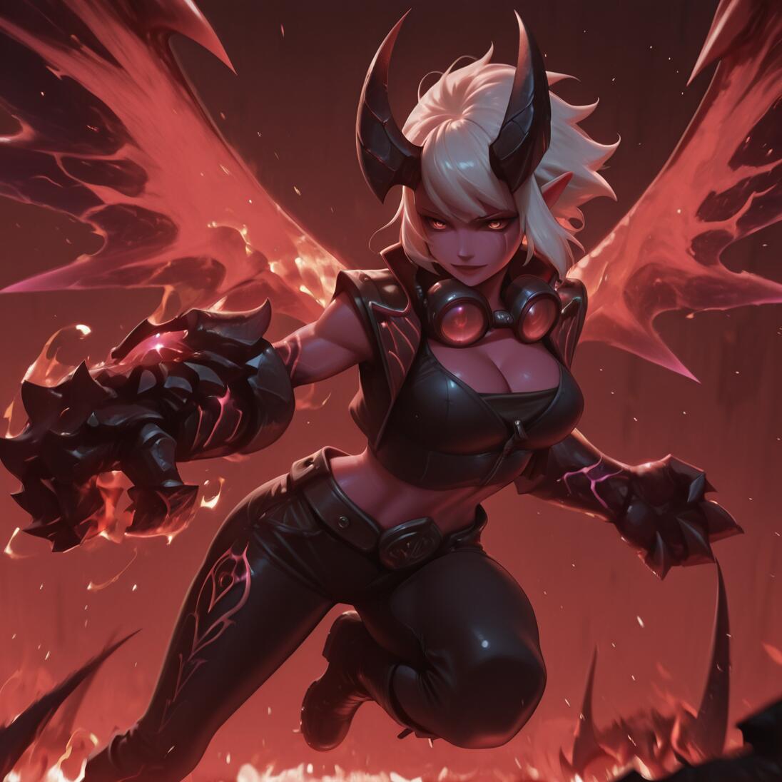 Una ilustración digital de Demon Vi, de League of Legends: una poderosa demonio con cabello blanco, piel rosada, grandes cuernos y alas rojas brillantes, que se lanza hacia adelante con un enorme guante en un paisaje llameante.