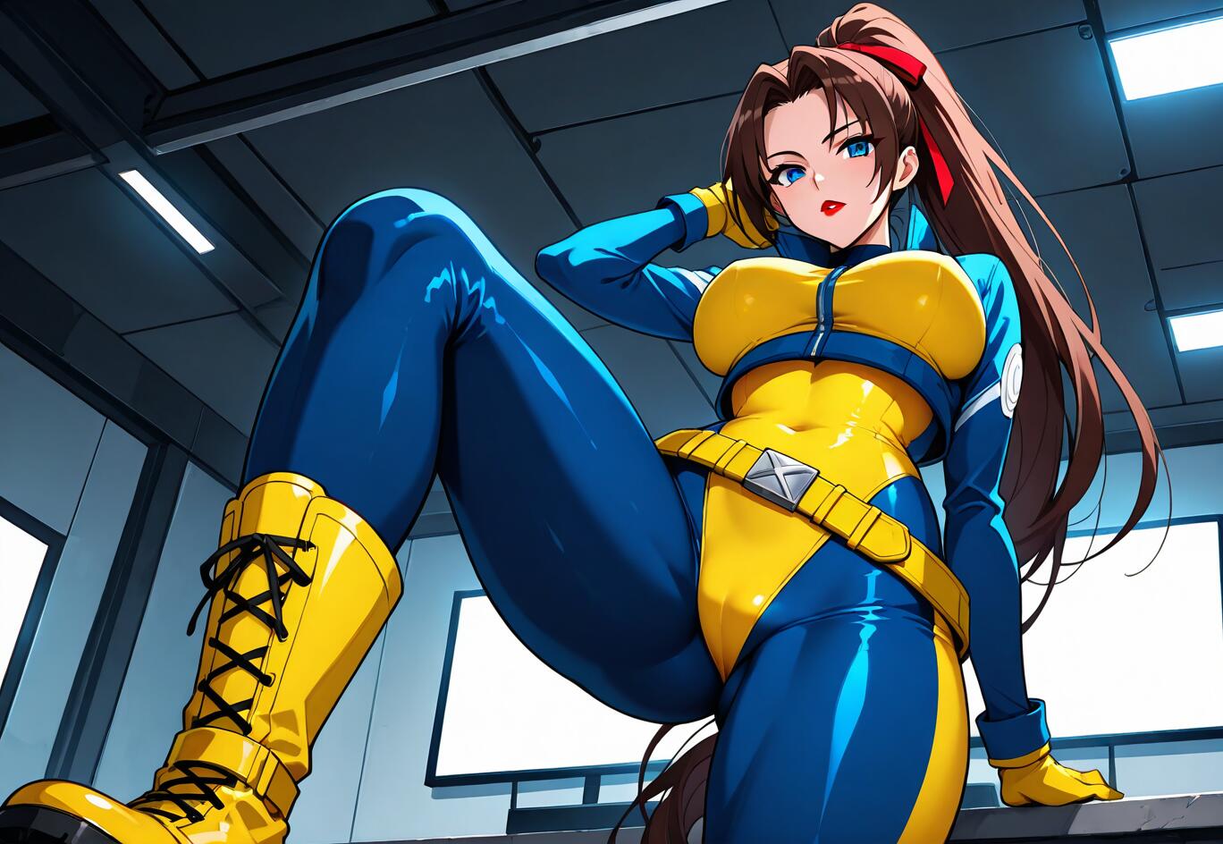 Una toma desde un ángulo bajo de Jean Grey, de los X-Men, con su clásico traje de entrenamiento azul y amarillo, posando con seguridad y con su largo cabello castaño recogido en una coleta.