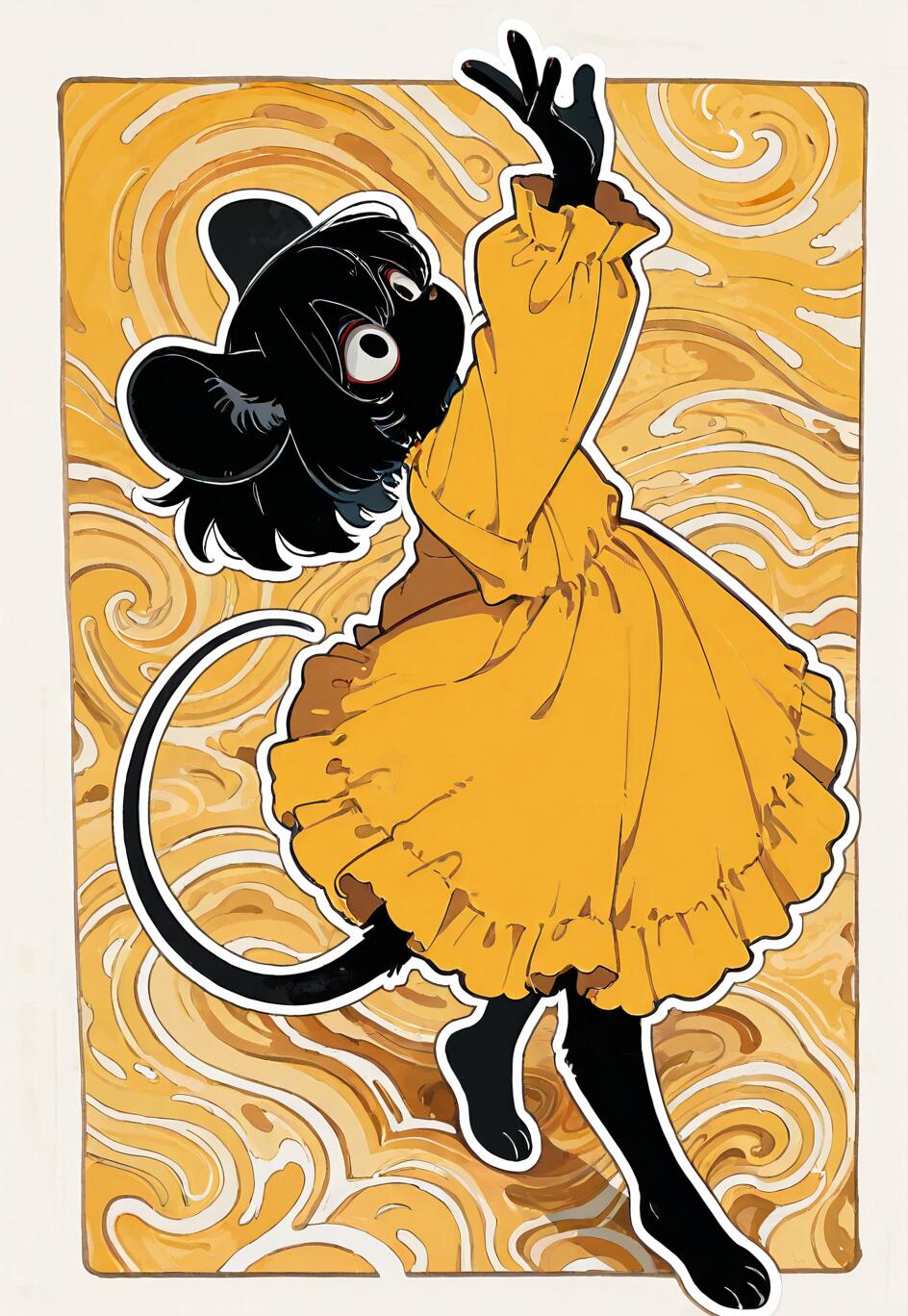 Una ilustración digital que representa a una niña ratón de caricatura, de color negro, vestida con un vestido amarillo y vaporoso, bailando sobre un fondo amarillo y crema con motivos arremolinados.