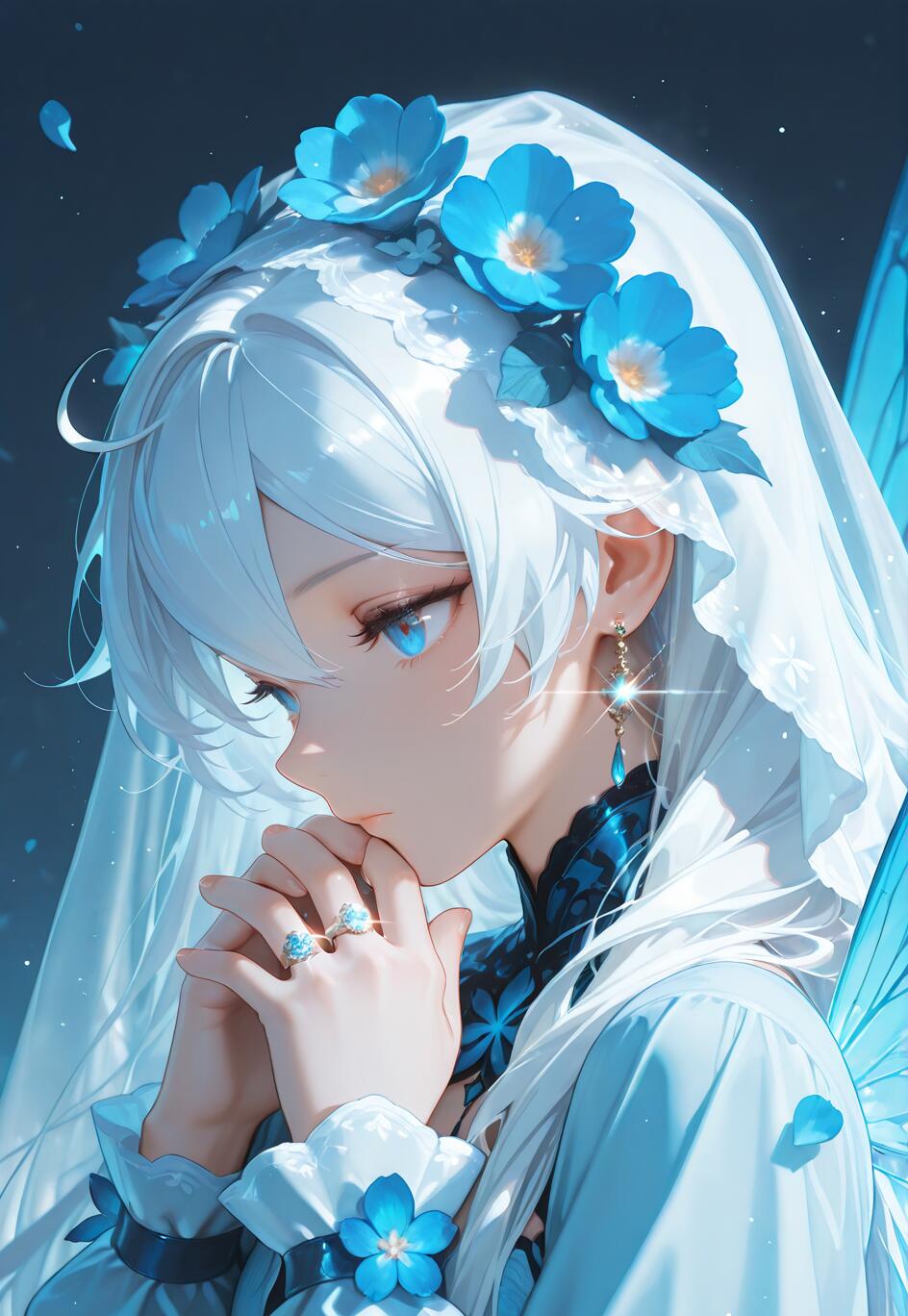Una ilustración de estilo anime de Kiana Kaslana, una joven con el pelo largo y blanco y ojos azules. Lleva un velo blanco adornado con flores azules, un pendiente colgante y tiene unas alas de hada azules. Sus manos están unidas, como si estuviera pensando, cerca de su rostro.