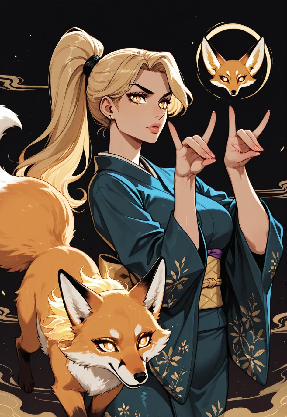 Una ilustración de estilo anime que representa a una mujer rubia con un kimono azul, haciendo una señal con las manos que imita a un zorro, acompañada de un zorro rojo y un espíritu de zorro brillante en el fondo.