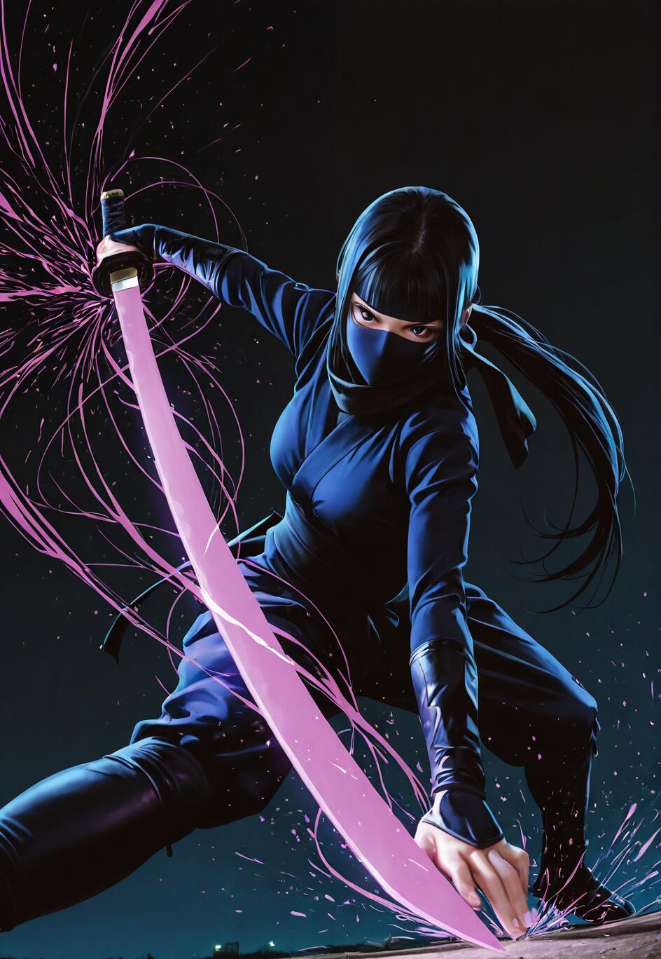 Una ninja, vestida con un traje azul oscuro y una máscara, se agacha en una postura de combate, sosteniendo una katana con una hoja púrpura brillante que emite destellos de energía rosa sobre un fondo oscuro.