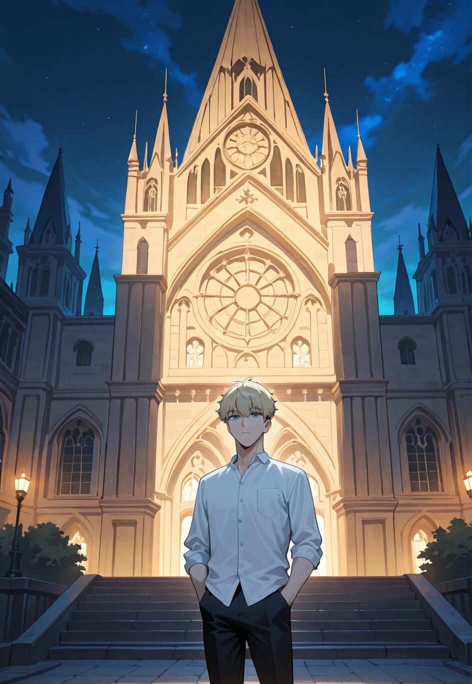 Una ilustración al estilo anime de Loid Forger, de Spy x Family, de pie sobre unos escalones de piedra frente a una enorme y resplandeciente catedral gótica durante la noche. Tiene el pelo rubio y los ojos azules, y lleva una camisa blanca con cuello y pantalones negros, con las manos en los bolsillos, mirando hacia el espectador.