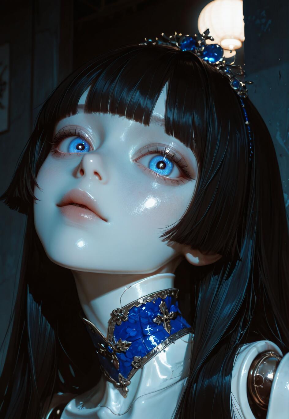 Un retrato en primer plano de un androide que se asemeja a una muñeca de porcelana, con piel pálida, cabello negro y largo peinado al estilo «hime» y grandes ojos azules y brillantes. Lleva una tiara azul con joyas y un elaborado collar azul, y mira hacia arriba en una habitación oscura y con una luz tenue.